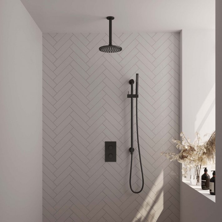 BRAUER Black Carving thermostatische inbouw regendouche 3-weg omstelling SET 41 met 20 cm douchekop en plafondarm en staaf handdouche en doucheslang en geïntegreerde glijstang mat zwart