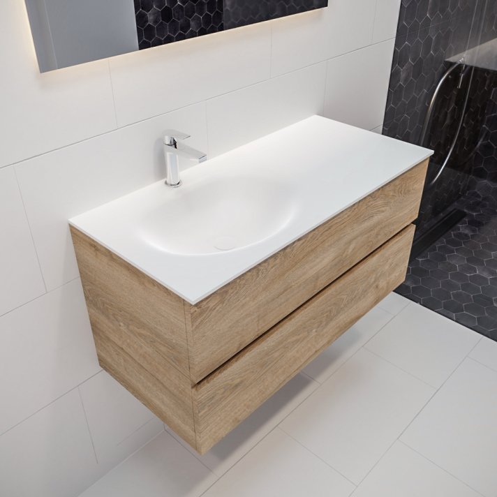 Mondiaz Vica 100 badmeubel washed oak 2 lades wastafel Moon links 1 kraangat