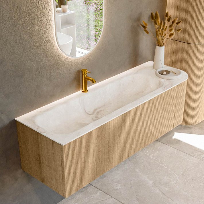 Mondiaz Kurve-Dlux 145cm badmeubel ronding Rechts kleur Oak met 1 lade en 1 deur. Wastafel Big large Links 1 kraangat Frappe.