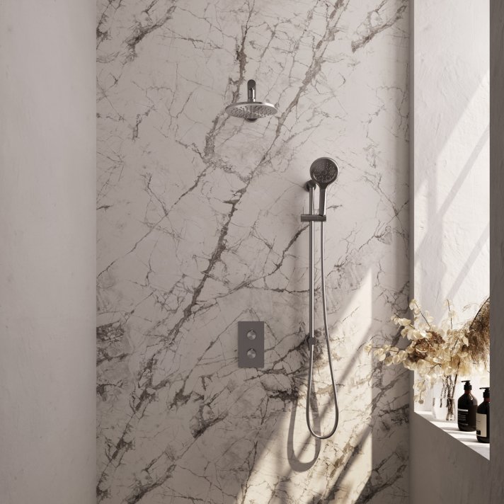 BRAUER Brushed Edition thermostatische inbouw regendouche 3-weg omstelling SET 43 met 20 cm douchekop en rechte muurarm en 3-standen handdouche en doucheslang en geïntegreerde glijstang RVS geborsteld PVD