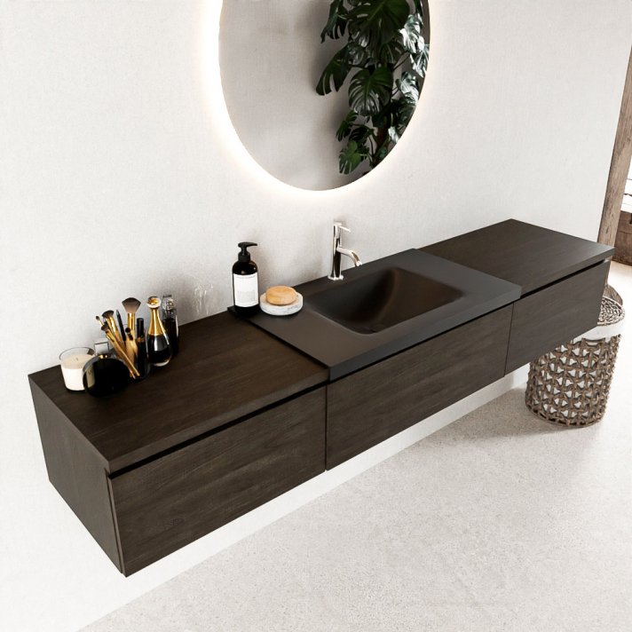 Mondiaz Bukla 200cm badmeubel met module 60 kleur Dark Brown met 3 lades. Wastafel Cloud midden 1 kraangat kleur Urban.