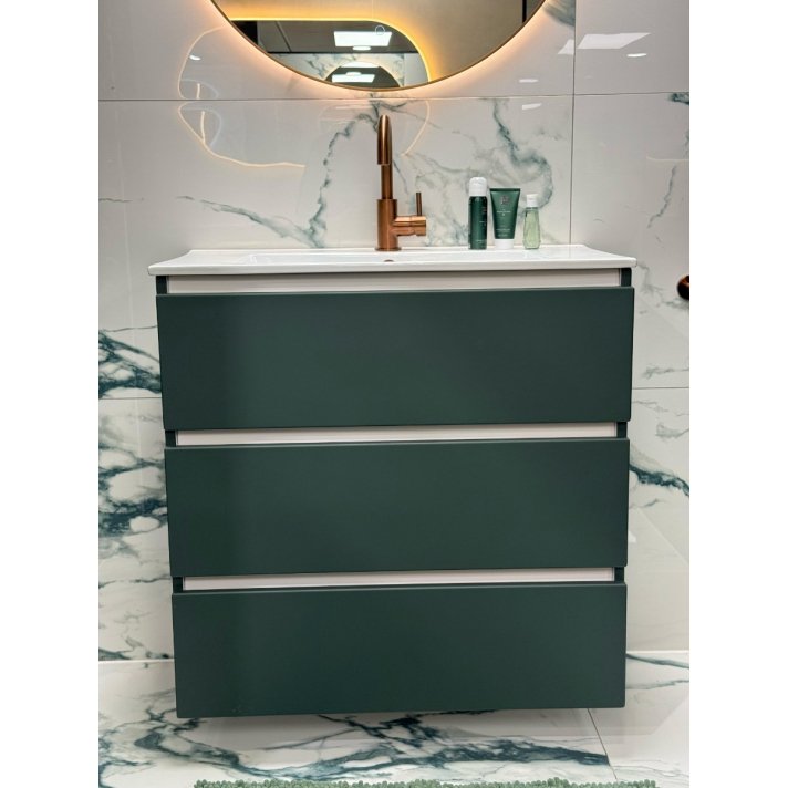 Op=op showroom kansje - drie laden mat groene badmeubel onderkast met keramische lage witte wastafel