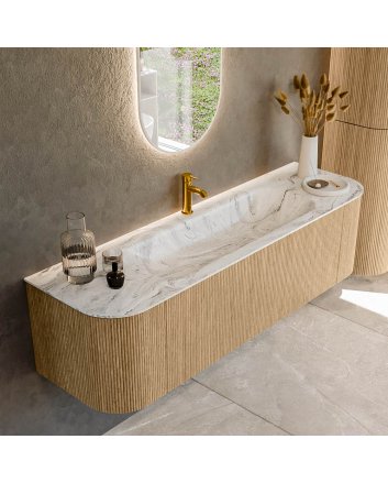 Mondiaz Kurve-Dlux 160cm badmeubel ronding Links + Rechts kleur Oak met 1 lade en 2 deuren. Wastafel Big medium Midden 1 kraangat Glace.