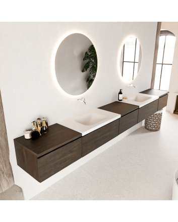 Mondiaz Bukla 340cm badmeubel met module 60 kleur Dark Brown met 5 lades. Wastafel Cloud dubbel 0 kraangaten kleur Talc.