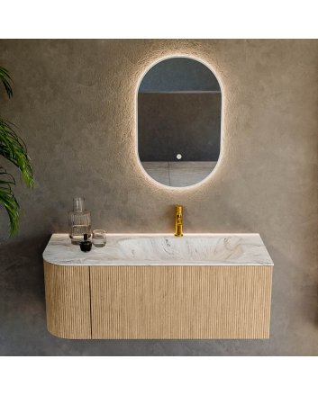 Mondiaz Kurve-Dlux 115cm badmeubel ronding Links kleur Oak met 1 lade en 1 deur. Wastafel Big small Rechts 1 kraangat Glace.