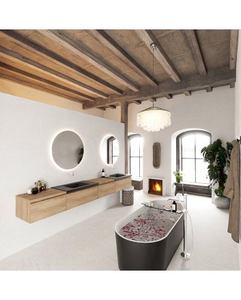 Mondiaz Bukla 280cm badmeubel met module 60 rechts kleur Washed Oak met 4 lades. Wastafel Cloud dubbel 0 kraangaten kleur Urban.