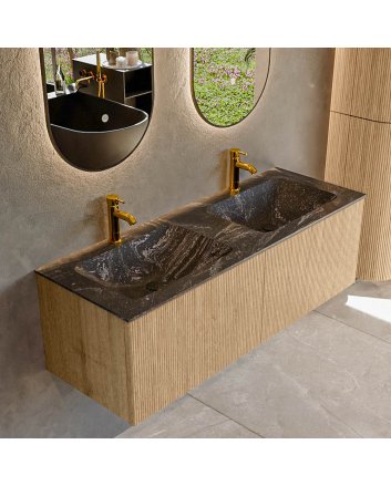 Mondiaz Kurve-Dlux 130cm badmeubel kleur Oak met 2 lades en 0 deuren. Wastafel Leaf Dubbel 2 kraangaten Lava.