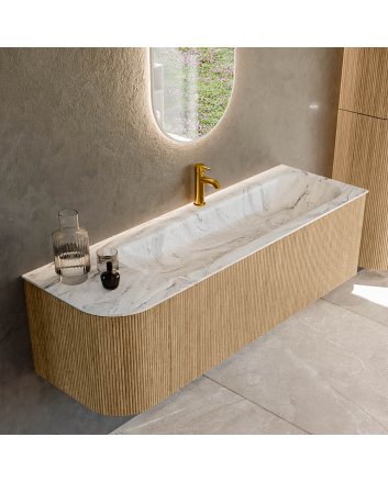 Mondiaz Kurve-Dlux 145cm badmeubel ronding Links kleur Oak met 1 lade en 1 deur. Wastafel Big large Rechts 1 kraangat Glace.