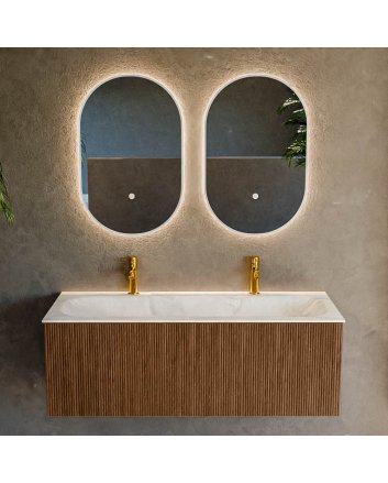 Mondiaz Kurve-Dlux 120cm badmeubel kleur Walnut met 1 lade en 0 deuren. Wastafel Big large Midden 2 kraangaten Ostra.