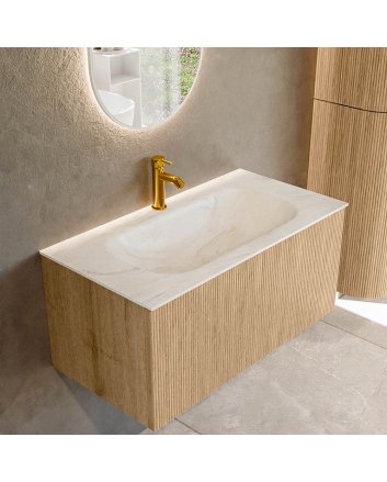 Mondiaz Kurve-Dlux 90cm badmeubel kleur Oak met 1 lade en 0 deuren. Wastafel Big small Midden 1 kraangat Ostra.