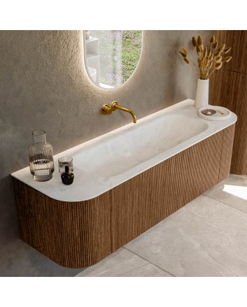 Mondiaz Kurve-Dlux 150cm badmeubel ronding Links + Rechts kleur Walnut met 1 lade en 2 deuren. Wastafel Big medium Midden zonder kraangat Opalo.