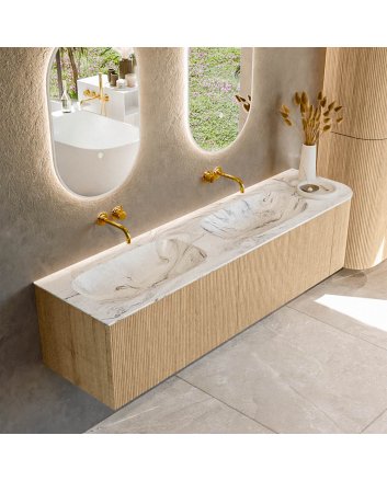 Mondiaz Kurve-Dlux 175cm badmeubel ronding Rechts kleur Oak met 2 lades en 1 deur. Wastafel Stor small Dubbel / Links zonder kraangat Glace.