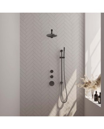 BRAUER Gunmetal Carving thermostatische inbouw regendouche SET 13 met 20 cm douchekop en rechte muurarm en staaf handdouche en doucheslang en geïntegreerde glijstang gunmetal geborsteld PVD