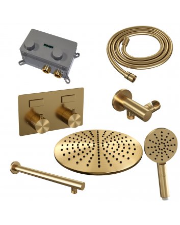 BRAUER Gold Carving thermostatische inbouw regendouche met drukknoppen SET 56 met 30 cm douchekop en rechte muurarm en 3-standen handdouche en doucheslang en wandaansluitbocht goud geborsteld PVD