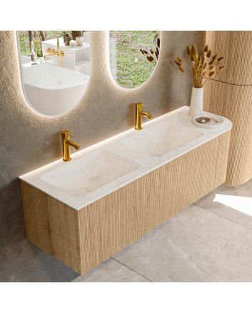 Mondiaz Kurve-Dlux 145cm badmeubel ronding Rechts kleur Oak met 1 lade en 1 deur. Wastafel Leaf Dubbel / Links 2 kraangaten Opalo.