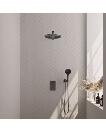 BRAUER Gunmetal Carving thermostatische inbouw regendouche 3-weg omstelling SET 32 met 30 cm douchekop en rechte muurarm en 3-standen handdouche en doucheslang en wandaansluitbocht gunmetal geborsteld PVD