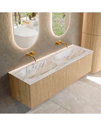 Mondiaz Kurve-Dlux 150cm badmeubel kleur Oak met 2 lades en 0 deuren. Wastafel Stor small Dubbel zonder kraangat Glace.