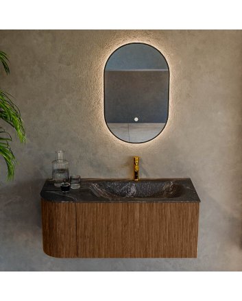 Mondiaz Kurve-Dlux 105cm badmeubel ronding Links kleur Walnut met 1 lade en 1 deur. Wastafel Big small Rechts 1 kraangat Lava.