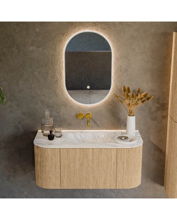 Mondiaz Kurve-Dlux 100cm badmeubel ronding Links + Rechts kleur Oak met 1 lade en 2 deuren. Wastafel Grunne Midden zonder kraangat Glace.