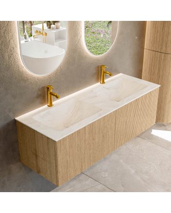 Mondiaz Kurve-Dlux 130cm badmeubel kleur Oak met 2 lades en 0 deuren. Wastafel Leaf Dubbel 2 kraangaten Ostra.
