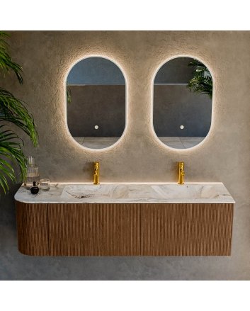 Mondiaz Kurve-Dlux 155cm badmeubel ronding Links kleur Walnut met 2 lades en 1 deur. Wastafel Leaf Dubbel / Rechts 2 kraangaten Glace.