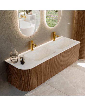 Mondiaz Kurve-Dlux 145cm badmeubel ronding Links kleur Walnut met 1 lade en 1 deur. Wastafel Leaf Dubbel / Rechts 2 kraangaten Opalo.