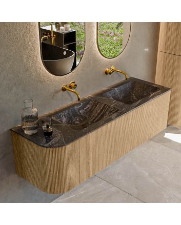 Mondiaz Kurve-Dlux 145cm badmeubel ronding Links kleur Oak met 1 lade en 1 deur. Wastafel Leaf Dubbel / Rechts zonder kraangat Lava.