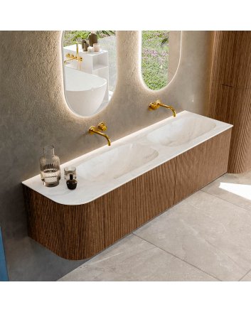 Mondiaz Kurve-Dlux 165cm badmeubel ronding Links kleur Walnut met 2 lades en 1 deur. Wastafel Stor small Dubbel / Rechts zonder kraangat Ostra.
