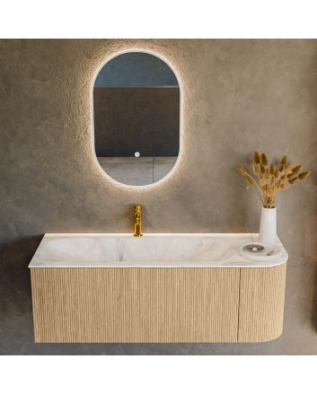 Mondiaz Kurve-Dlux 125cm badmeubel ronding Rechts kleur Oak met 1 lade en 1 deur. Wastafel Big medium Links 1 kraangat Frappe.