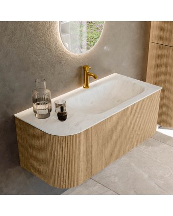 Mondiaz Kurve-Dlux 105cm badmeubel ronding Links kleur Oak met 1 lade en 1 deur. Wastafel Big small Rechts 1 kraangat Opalo.