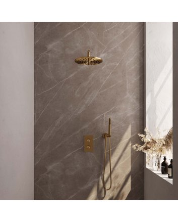BRAUER Gold Edition thermostatische inbouw regendouche 3-weg omstelling SET 28 met 30 cm douchekop en gebogen muurarm en staaf handdouche en doucheslang en wandaansluitbocht goud geborsteld PVD