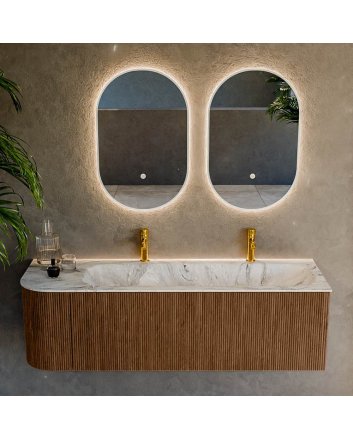 Mondiaz Kurve-Dlux 145cm badmeubel ronding Links kleur Walnut met 1 lade en 1 deur. Wastafel Big large Rechts 2 kraangaten Glace.
