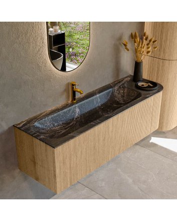 Mondiaz Kurve-Dlux 145cm badmeubel ronding Rechts kleur Oak met 1 lade en 1 deur. Wastafel Big large Links 1 kraangat Lava.