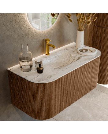 Mondiaz Kurve-Dlux 100cm badmeubel ronding Links + Rechts kleur Walnut met 1 lade en 2 deuren. Wastafel Grunne Midden 1 kraangat Glace.