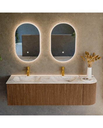 Mondiaz Kurve-Dlux 155cm badmeubel ronding Rechts kleur Walnut met 2 lades en 1 deur. Wastafel Leaf Dubbel / Links 2 kraangaten Glace.