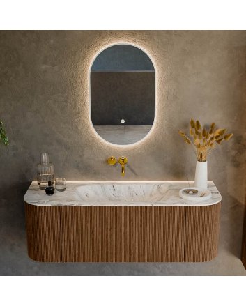 Mondiaz Kurve-Dlux 130cm badmeubel ronding Links + Rechts kleur Walnut met 1 lade en 2 deuren. Wastafel Big small Midden zonder kraangat Glace.