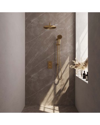 BRAUER Gold Carving thermostatische inbouw regendouche 3-weg omstelling SET 46 met 30 cm douchekop en gebogen muurarm en 3-standen handdouche en doucheslang en geïntegreerde glijstang goud geborsteld PVD