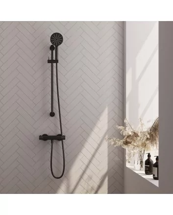 BRAUER Black Carving opbouw douche thermostaatkraan SET 02 met glijstang en 3-standen handdouche en doucheslang mat zwart
