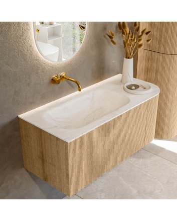Mondiaz Kurve-Dlux 105cm badmeubel ronding Rechts kleur Oak met 1 lade en 1 deur. Wastafel Big small Links zonder kraangat Ostra.