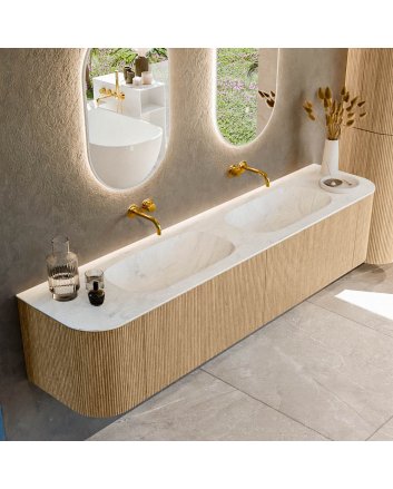 Mondiaz Kurve-Dlux 200cm badmeubel ronding Links + Rechts kleur Oak met 2 lades en 2 deuren. Wastafel Stor small Dubbel zonder kraangat Opalo.