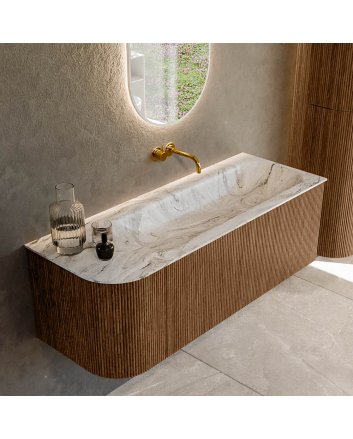 Mondiaz Kurve-Dlux 125cm badmeubel ronding Links kleur Walnut met 1 lade en 1 deur. Wastafel Big medium Rechts zonder kraangat Glace.