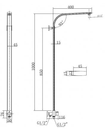 Luxe douchestang+ omstelknop 45x1000 chroom