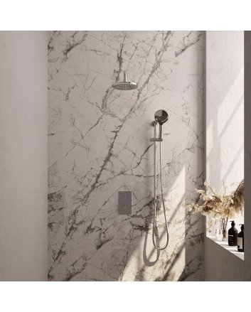 BRAUER Chrome Edition thermostatische inbouw regendouche 3-weg omstelling SET 45 met 20 cm douchekop en gebogen muurarm en 3-standen handdouche en doucheslang en geïntegreerde glijstang chroom