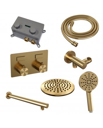 BRAUER Gold Carving thermostatische inbouw regendouche met drukknoppen SET 55 met 20 cm douchekop en rechte muurarm en 3-standen handdouche en doucheslang en wandaansluitbocht goud geborsteld PVD