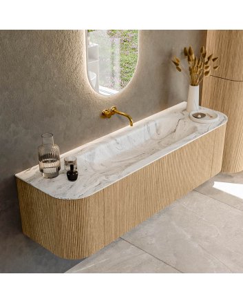 Mondiaz Kurve-Dlux 160cm badmeubel ronding Links + Rechts kleur Oak met 1 lade en 2 deuren. Wastafel Big medium Midden zonder kraangat Glace.