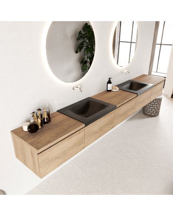 Mondiaz Bukla 300cm badmeubel met module 60 kleur Washed Oak met 5 lades. Wastafel Cloud dubbel 0 kraangaten kleur Urban.