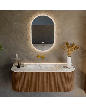 Mondiaz Kurve-Dlux 120cm badmeubel ronding Links + Rechts kleur Walnut met 1 lade en 2 deuren. Wastafel Big small Midden zonder kraangat Glace.