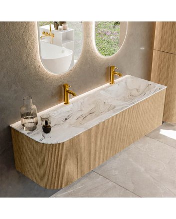 Mondiaz Kurve-Dlux 145cm badmeubel ronding Links kleur Oak met 1 lade en 1 deur. Wastafel Leaf Dubbel / Rechts 2 kraangaten Glace.