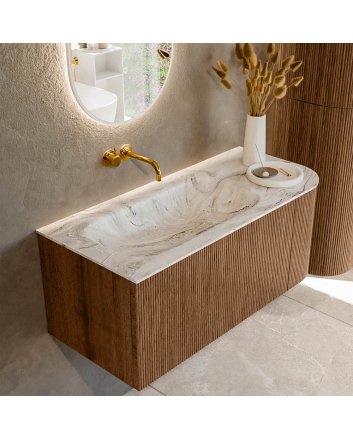Mondiaz Kurve-Dlux 105cm badmeubel ronding Rechts kleur Walnut met 1 lade en 1 deur. Wastafel Big small Links zonder kraangat Glace.