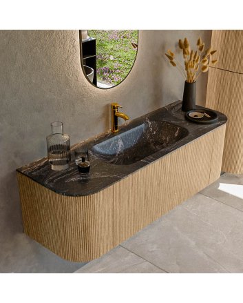 Mondiaz Kurve-Dlux 140cm badmeubel ronding Links + Rechts kleur Oak met 1 lade en 2 deuren. Wastafel Big small Midden 1 kraangat Lava.